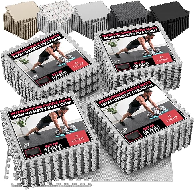 bemaxx Gym Mats Set - 48 pcs EVA Interlocking Foam Floor Tiles (24.4"x24.4"x0.4") 192 sqft Protective Gym Flooring Sports Home Workout Exercise Mats Puzzle Garage Fitness Play-Room Pool Treadmill Bike