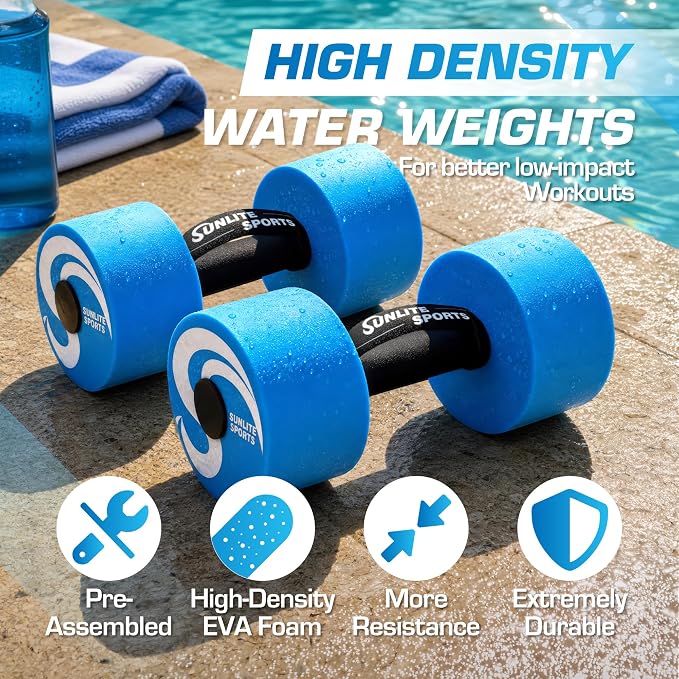 Sunlite Sports Water Weights Pool Exercise Dumbbells, Water Aerobic Equipment, High-Density EVA-Foam Dumbbell with Handle Strip, Aqua Therapy, Pool Fitness, Water Exercise, Set of 2
