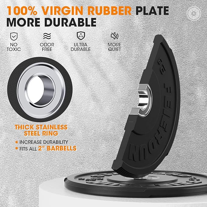 FEIERDUN Color Bumper Plate Set, 2-Inch Olympic Weight Plates, Low Bounce Rubber Barbell Plates with Stainless Steel Insert for Weightlifting, Strength Training, CrossFit & Home Gym, 10LB-370LB