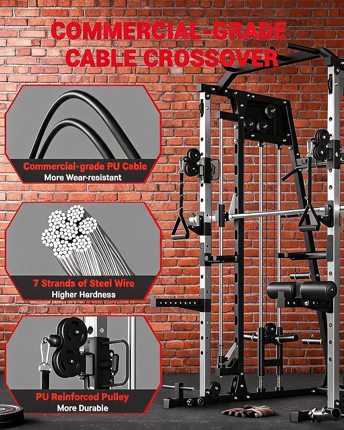 Garvee Smith Machine Home Gym, 2200LBS Power Cage Squat Rack with Smith Bar | With Cable Crossover, LAT Pull-Down & Leg Hold-Down - Multi-Functional Strength Training Equipment for Home, Red