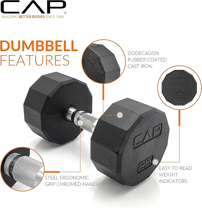CAP Rubber Coated Hex Dumbbell Set with Storage Rack | 100–210 lb Options, Space-Saving Vertical Compact Storage for Home Gym Strength Training