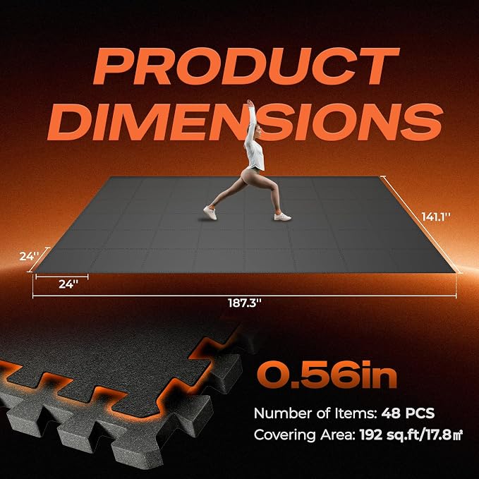 SUPERJARE 0.56'' Thick 48 Pcs 192 Sq Ft Rubber Top Exercise Equipment Mats, High Density EVA Foam Mats with Rubber Top, Interlocking Gym Flooring for Home Gym, Protective Workout Mat, Black