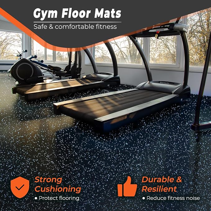 SUPERJARE 0.4'' Thick 48 Pcs 192 Sq Ft Rubber Top Exercise Equipment Mats, High Density EVA Foam Mats with Rubber Top, Interlocking Gym Flooring for Home Gym, Protective Workout Mat, Black/Blue