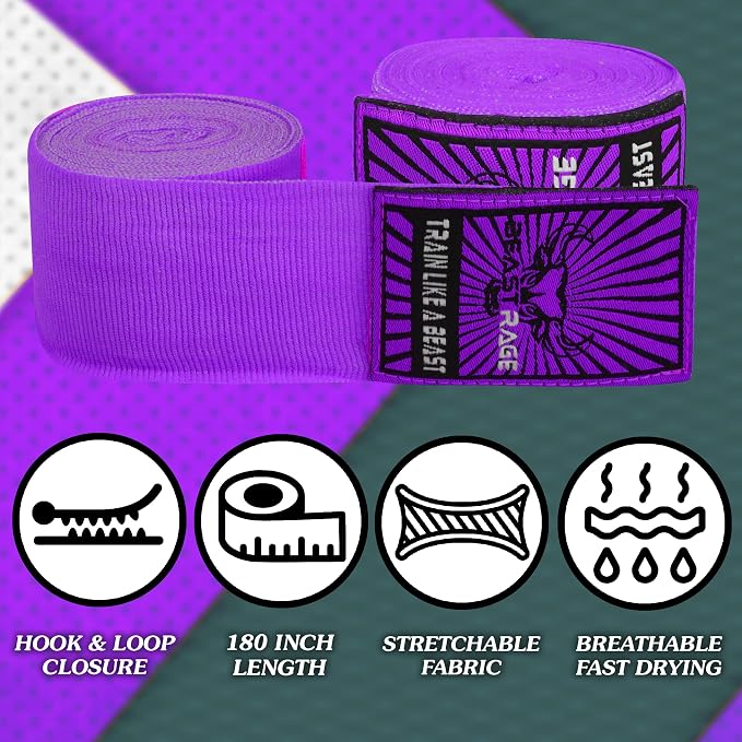 BEAST RAGE Boxing Hand Wraps for MMA Kickboxing Wrist Wraps Professional Adult 180" Semi-Elastic Martial Arts Inner Gloves Heavy Bag Handwraps Muay Thai Thumb Straps
