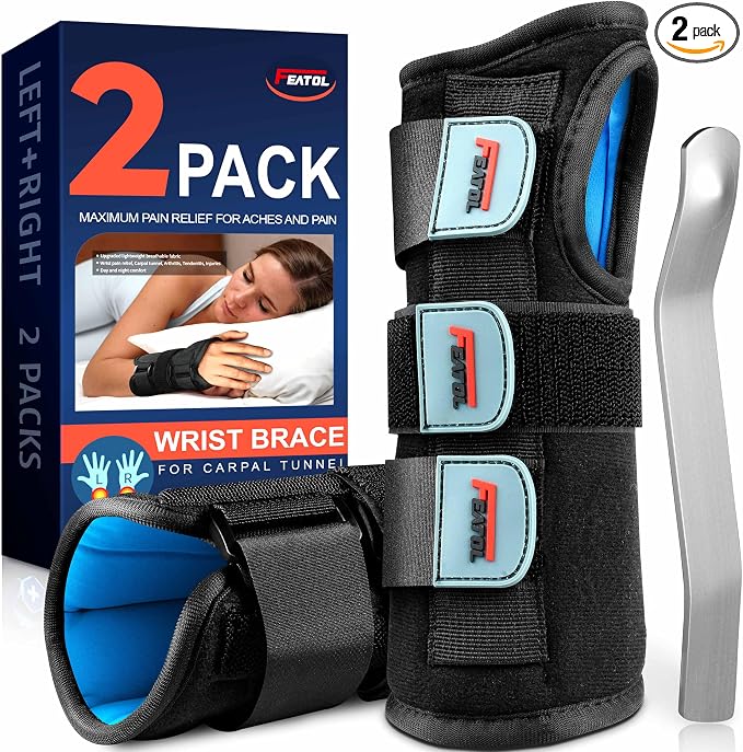 FEATOL 2 Pack Blue Black Wrist Brace for Carpal Tunnel - Pain Relief for Sprain, Arthritis, Tendonitis, Injuries, Wrist Pain, Cockup Wrist - Wrist Brace Night Support Both Hand with Removeable Splint - For Men & Women Large/X-Large Size