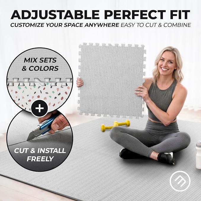 bemaxx Gym Mats Set - 12 pcs EVA Interlocking Foam Floor Tiles (24.4"x24.4"x0.4") 48 sqft Protective Gym Flooring Sports Home Workout Exercise Mats Puzzle Garage Fitness Play-Room Pool Treadmill Bike