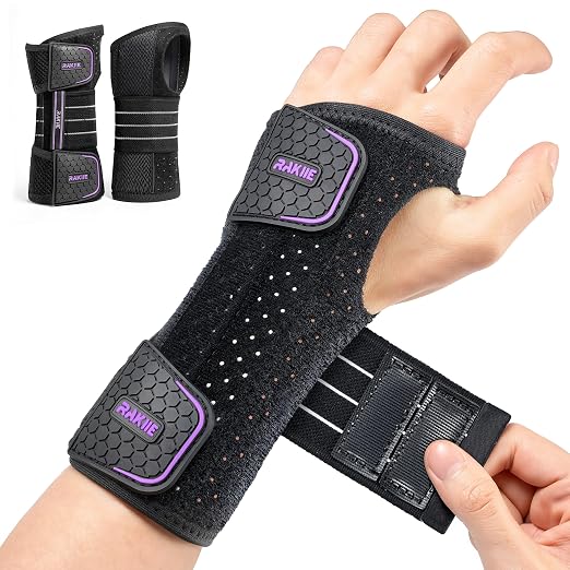 Rakiie 2 Pack Carpal Tunnel Wrist Braces, Adjustable Wrist Support Splint for Night Sleep & Daytime Working, Hand Braces Pain Relief for Arthritis, Typing, Pregnancy, Men Women (Purple, L)