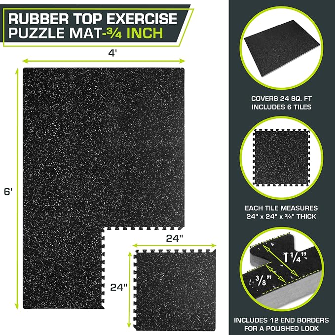 ProsourceFit Rubber Top Exercise Puzzle Mat ¾-inch, EVA Foam, Protective Interlocking Tiles for Home Gym Equipment and Workouts; Grey, 24 SQ FT, 6 Tiles
