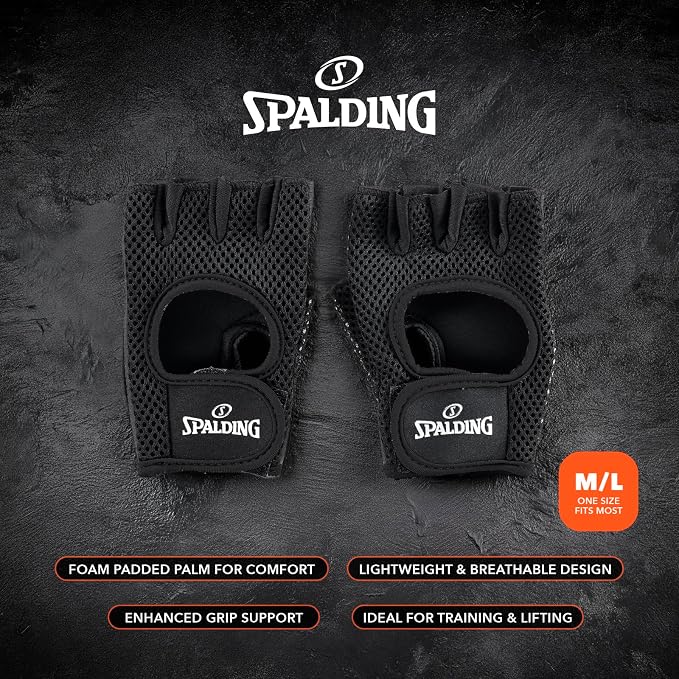 Spalding - Gym Gloves, Mesh Workout Gloves with Foam Padded Palm for Grip, Lightweight & Breathable, One Size Fitness Training Gloves for Weightlifting Exercise