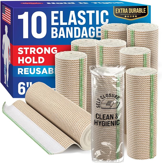 Premium Elastic Bandage Wrap - 6” (10pk) - Self-Closing Compression Bandage | Reusable Bandage Wrap for Leg, Ankles, Wrists, and Knees - For First Aid Kit and After Surgery Recovery - Latex Free