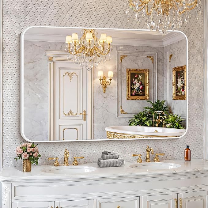 BONEWEI White Bathroom Mirror,55x36 inch Wall Mirror for Bathroom Wall Mounted,Rectangle Mirror for Bathroom Over Sink,Modern Frame Round Corner for Living Room,Bedroom Entryway,Horizontal/Vertical