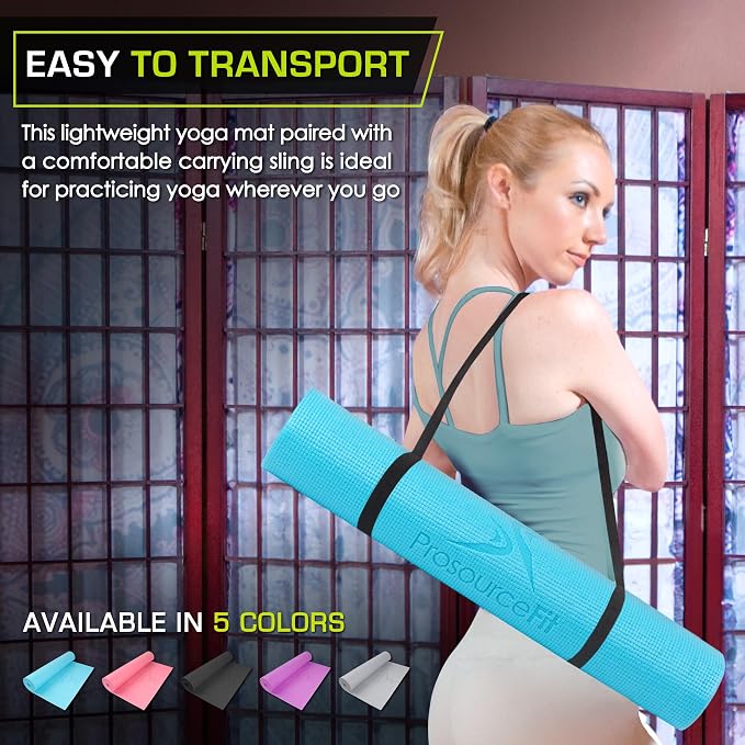 ProsourceFit Original Yoga Exercise Mat 1/4” (6mm) Thick for Comfort and Stability with Carrying Straps, Non Slip –Multiple Colors