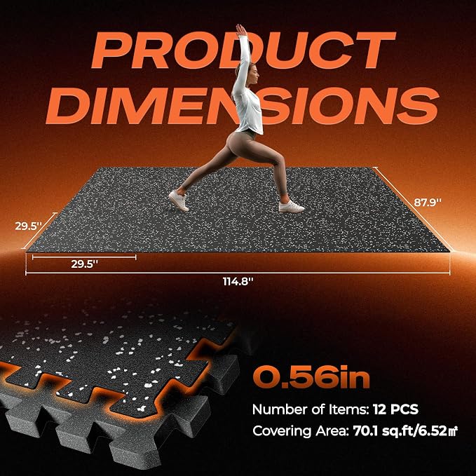 SUPERJARE 30" x 30" Larger Rubber Top Exercise Equipment Mats, 0.56" Thick 12PCS 75 Sq Ft High-Density EVA Foam Interlocking Gym Flooring, Big Workout Mat for Home Gym, Floor Protection, Black/Grey