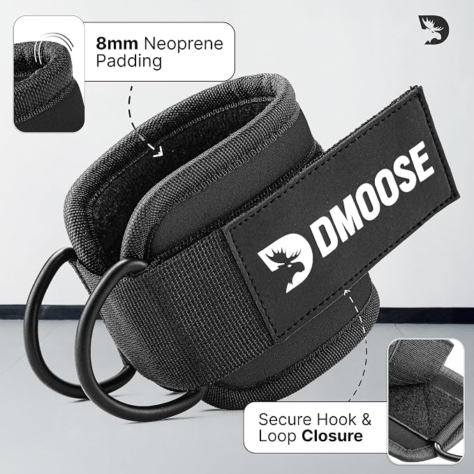 DMoose Ankle Strap for Cable Machine - One Size Fit with Premium Padding, Workout Kickback Ankle Cuffs, Ankle Bands for Working Out, Booty Workouts, Leg Extension, Hip Abductors & Lower Body Exercises