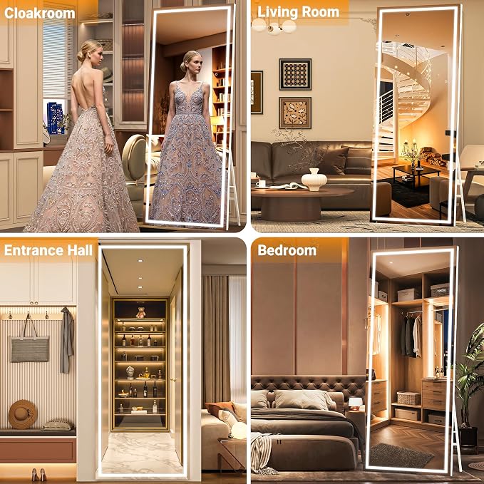Full Length Mirror with Lights, 56" x 16" LED Lighted Floor Standing Body Mirror, Dimmable & 3 Color Lighting for Bedroom, Cloakroom, Dressing Room, Tempered Glass, Square White