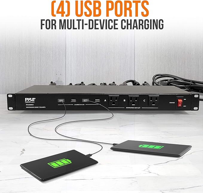 Pyle 19 Outlet 1U 19" Rackmount PDU Power Distribution Supply Center Conditioner Strip Unit Surge Protector 15 Amp Circuit Breaker 4 USB Multi Device Charge Ports 15FT Cord, Black - PCO865 | 15 Amp Circuit Breaker - 4 USB Ports - 15FT Cord - Power Supp...