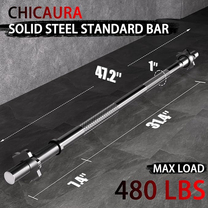 47 Inch Straight Barbell Bar - 1 inch Standard Weight Lifting Bar for Home Gym Strength Training - 480 LB Capacity for Deadlift, Hip Thrust, Bicep Curl, Lunge & Row - Includes 2 Locknuts