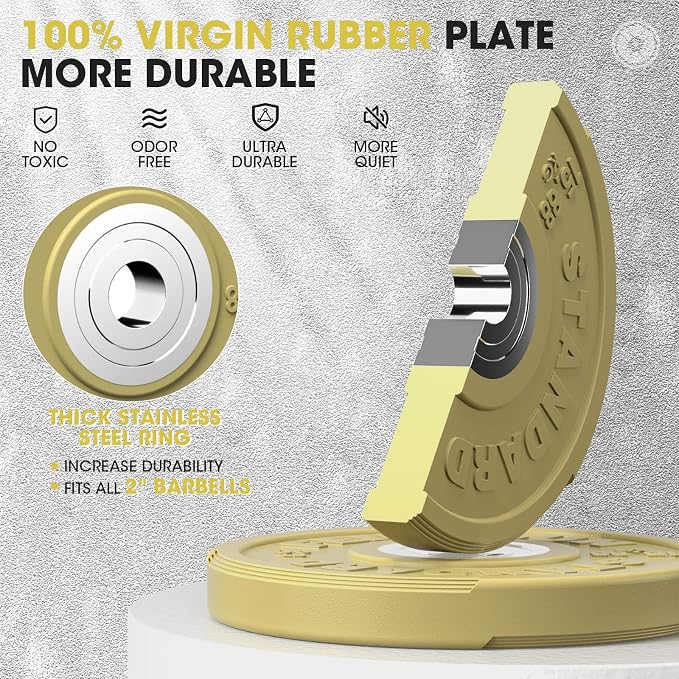 FEIERDUN Color Bumper Plate Set, 2-Inch Olympic Weight Plates, Low Bounce Rubber Barbell Plates with Stainless Steel Insert for Weightlifting, Strength Training, CrossFit & Home Gym, 10LB-370LB
