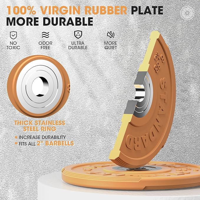 FEIERDUN Color Bumper Plate Set, 2-Inch Olympic Weight Plates, Low Bounce Rubber Barbell Plates with Stainless Steel Insert for Weightlifting, Strength Training, CrossFit & Home Gym, 10LB-370LB