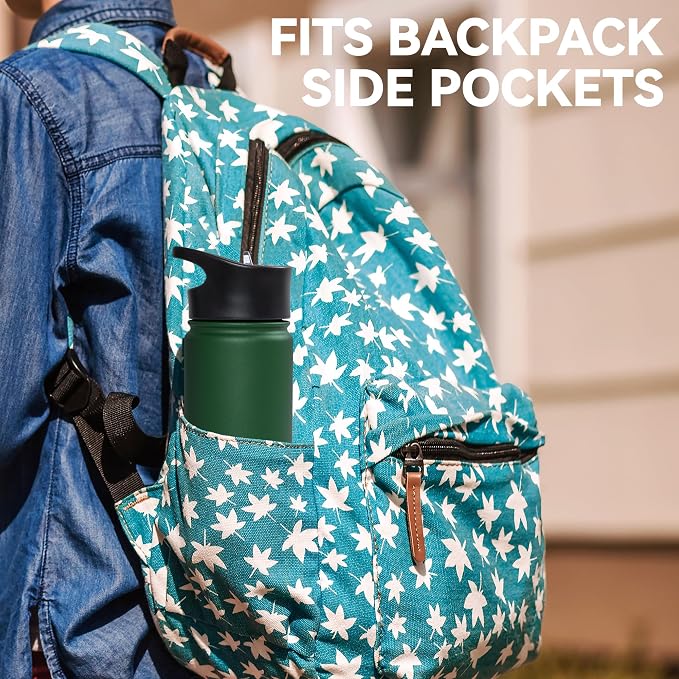 16 oz Insulated Water Bottle for School, Straw & Spout Lid, Keep Cold 24H, Spill Proof, BPA-Free, Double Wall Stainless Steel Kids Water Bottles for Sports, Gym, Travel, Dark Green
