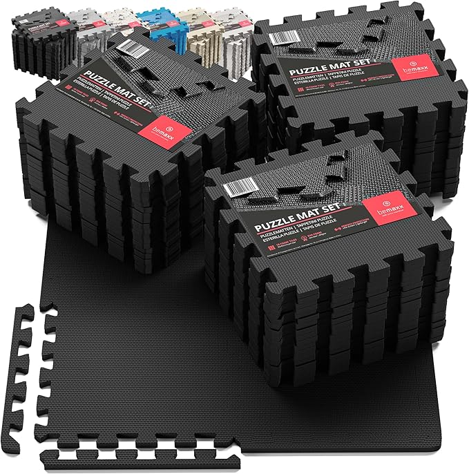 bemaxx Gym Mats Set - 54 pcs EVA Interlocking Foam Floor Tiles (12.6"x12.6"x0.4") 54sqft Protective Gym Flooring Sports Home Workout Exercise Mats Puzzle Garage Fitness Play-Room Pool Treadmill Bike