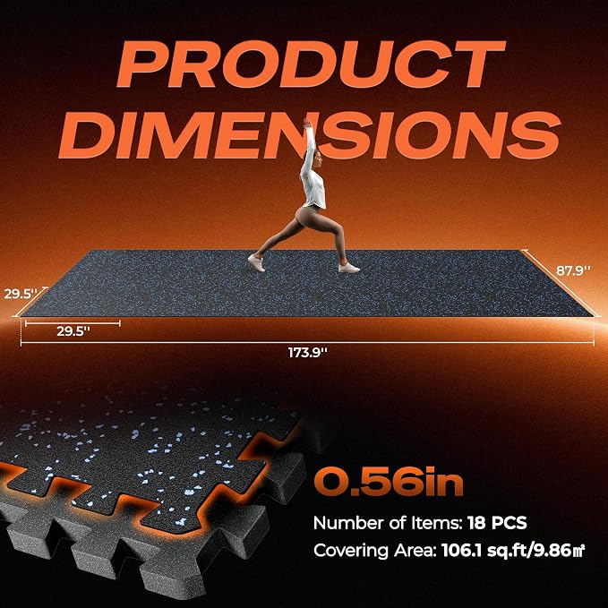 SUPERJARE 30" x 30" Larger Rubber Top Exercise Equipment Mats, 0.56" Thick 18PCS 112.5 Sq Ft High-Density EVA Foam Interlocking Gym Flooring, Big Workout Mat for Home Gym, Floor Protection, Black/Blue