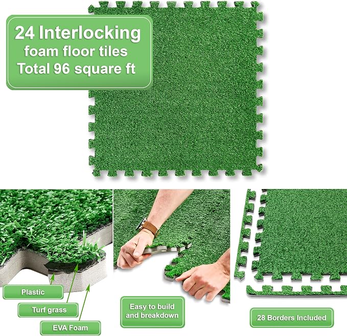 Sorbus Grass Foam Floor Tiles - 24 Interlocking Mats of 24"X24” Total of 96 Sq Ft for Kids Outdoor Toys, Playroom, Deck, Patio, Basement Home Gym - Artificial Carpet Grass Turf Indoor Outdoor Flooring