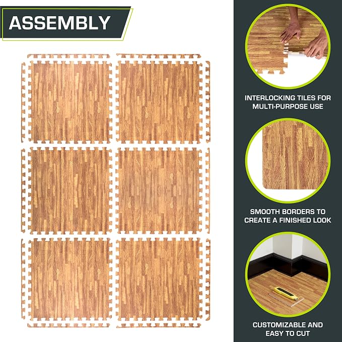 ProsourceFit Wood Grain Puzzle Mat ½-inch, 6 EVA Foam Interlocking Floor Tiles (24 SQ FT) for Secure Indoor Gym Flooring, Office Spaces, Living Rooms, and Play Areas, Light Oak