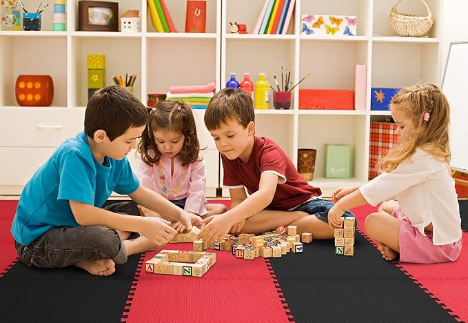 Reversible Gym Exercise Mats 3/4" Thick EVA Interlocking Foam Tiles, Perfect Home Gym Flooring, 32 Tiles & 64 Trim Pieces, 128 Sq. Ft. Reversible, Red/Black