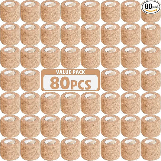 AZEN 80 Pack Self Adhesive Bandage Wrap, 2" X 5 Yards Elastic Cohesive Bandage Wrap, Skin Color Athletic Tape, Vet Wrap, Ankle Tape, Tattoo Grip Tape Wrap