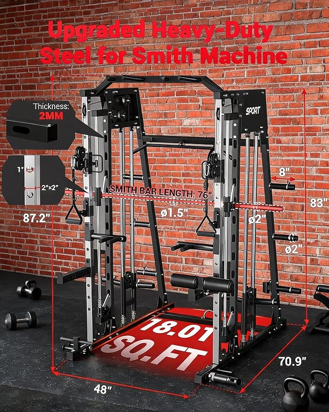 Garvee Smith Machine Home Gym, 2200LBS Power Cage Squat Rack with Smith Bar | With Cable Crossover, LAT Pull-Down & Leg Hold-Down - Multi-Functional Strength Training Equipment for Home, Red