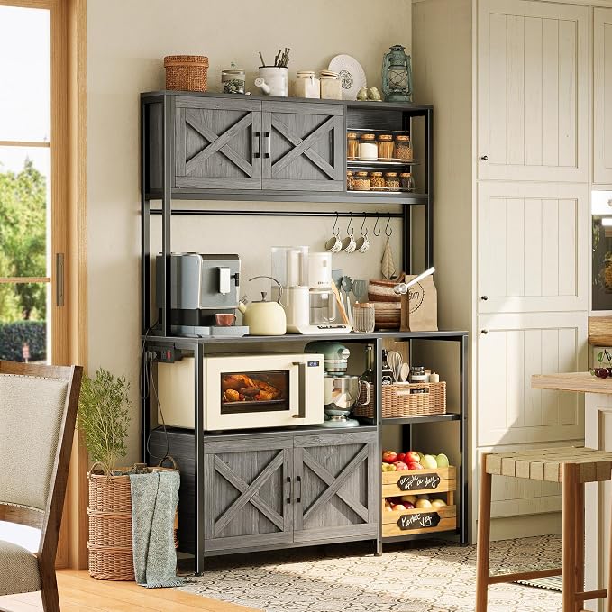 Huuger Large Bakers Rack with Power Outlet, Kitchen Microwave Stand with Cabinets, Coffee Bar Table Station with Storage, 6 S-Shaped Hooks, Mesh Shelves, 45 Inch Wooden Top, Grey