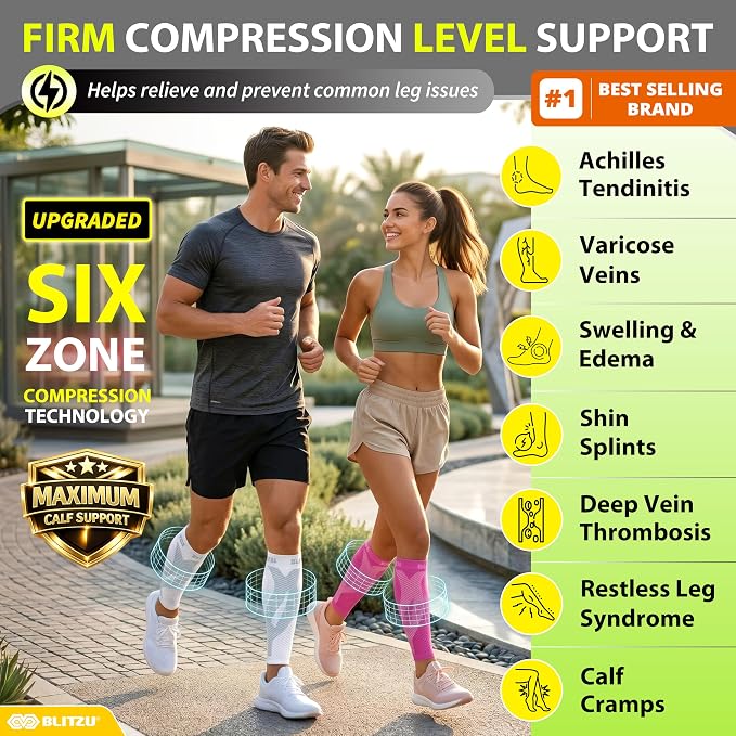BLITZU Calf Compression Sleeves, Footless Compression Socks for Men & Women | Leg Support Brace, Shin Splint Pain Relief, Reduce Varicose Vein Swelling, Muscle Recovery, Running, Nursing, Fitness, Travel