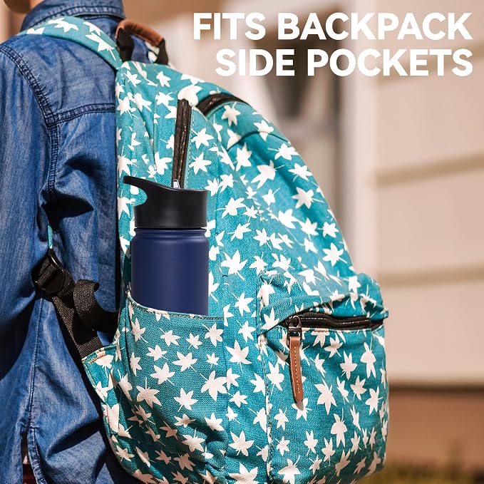16 oz Insulated Water Bottle Bulk 8 Pack, Straw & Spout Lid, Keep Cold 24H, Spill Proof, BPA-Free, Double Wall, Stainless Steel Kids Water Bottles for School, Sports, Navy Blue