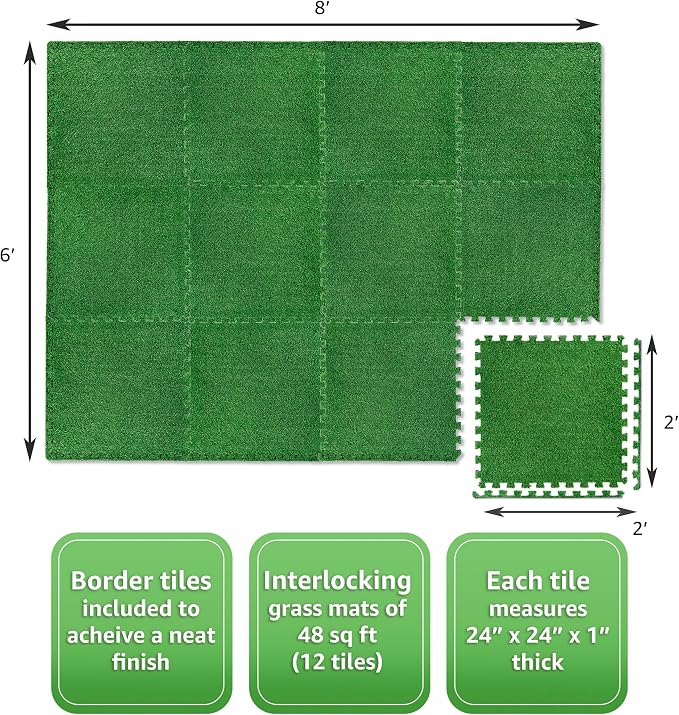 Sorbus Grass Foam Floor Tiles - 12 Interlocking Mats of 24"X24” Total of 48 Sq Ft for Kids Outdoor Toys, Playroom, Deck, Patio, Basement Home Gym - Artificial Carpet Grass Turf Indoor Outdoor Flooring