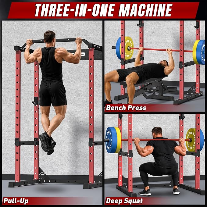 RitKeep Power Rack, Adjustable Multi-Function Squat Rack for Home Gym | 3-in-1 Power Cage with 1200LB Capacity, J-hooks, safety bars and multi-grip pull-up bar for strength training -RMAX 2250