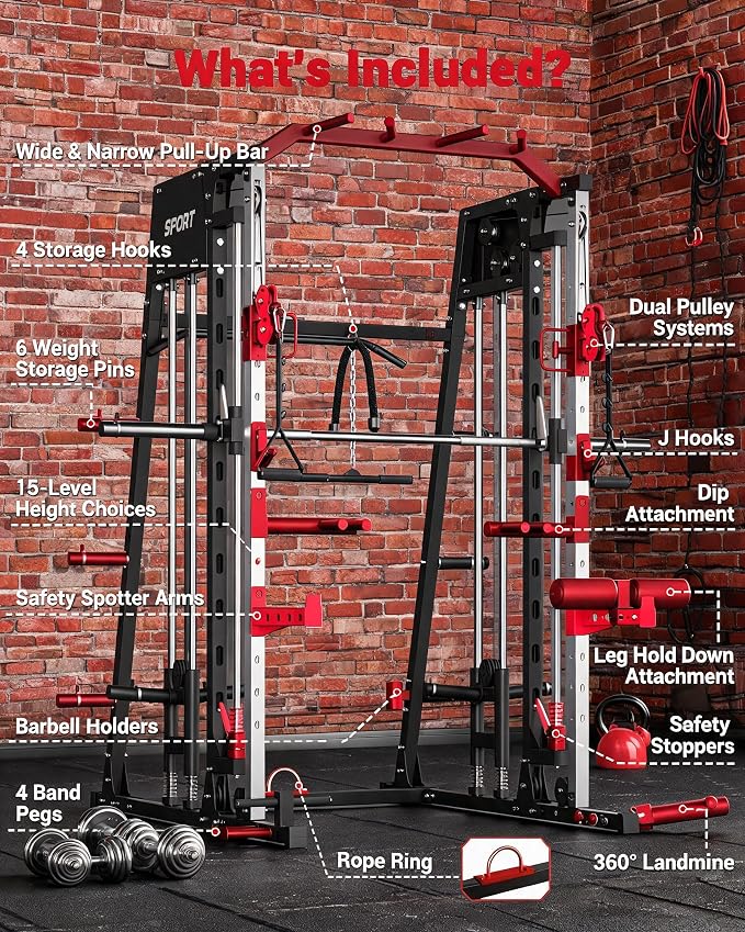 Garvee Smith Machine Home Gym, 2200LBS Power Cage Squat Rack with Smith Bar | With Cable Crossover, LAT Pull-Down & Leg Hold-Down - Multi-Functional Strength Training Equipment for Home, Red