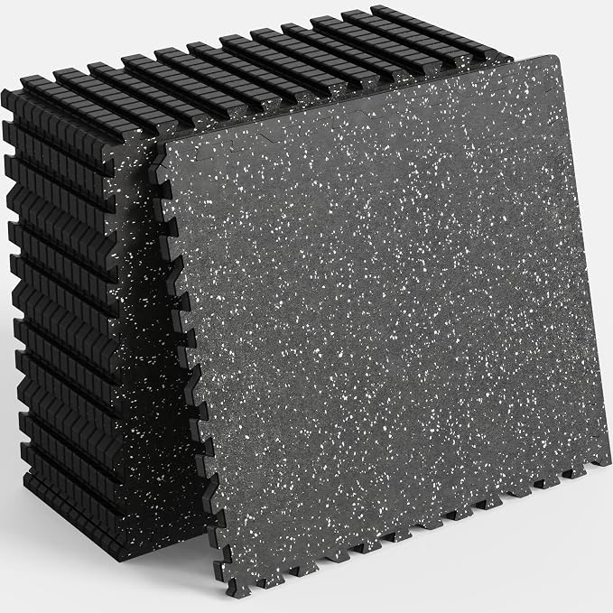 48 Sq Ft Rubber Top Gym Flooring for Home Gym, Black/White | 12 Tiles, High Density EVA Foam, Waterproof & Non-Slip Rubber, 0.4" Interlocking Puzzle Mats, Floor Protection, 24"x24"
