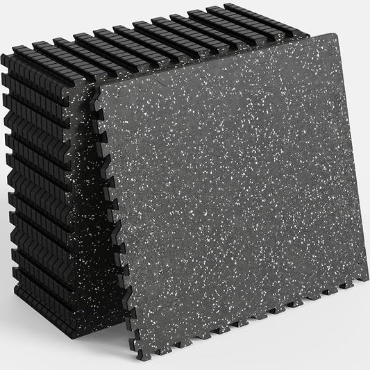 48 Sq Ft Rubber Top Gym Flooring for Home Gym, Black/White | 12 Tiles, High Density EVA Foam, Waterproof & Non-Slip Rubber, 0.4" Interlocking Puzzle Mats, Floor Protection, 24"x24"