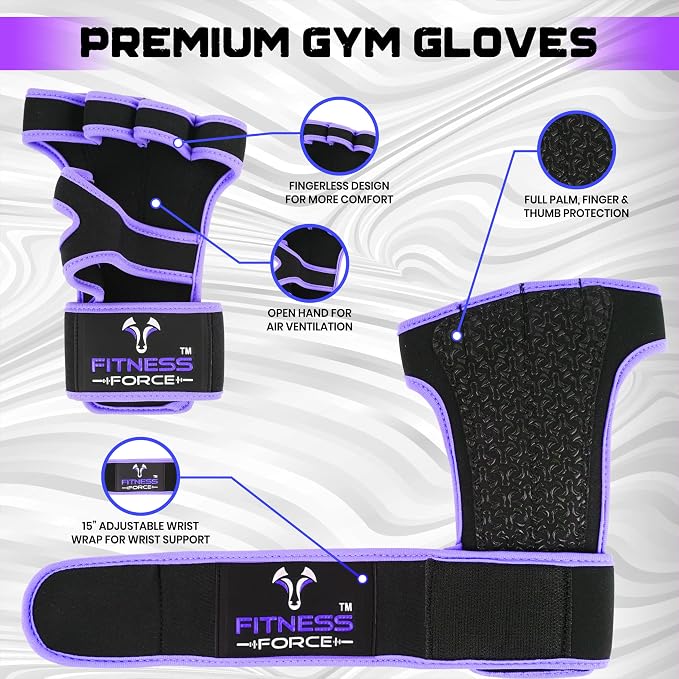 FITNESS FORCE Ventilated Weight Lifting Workout Gloves for Men & Women | Gym Gloves for Men & Women with Built-in Wrist Wraps for Men, Exercise Gloves for Weightlifting, Cycling & Cross Training