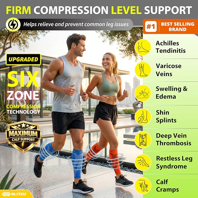 BLITZU Calf Compression Sleeves, Footless Compression Socks for Men & Women | Leg Support Brace, Shin Splint Pain Relief, Reduce Varicose Vein Swelling, Muscle Recovery, Running, Nursing, Fitness, Travel