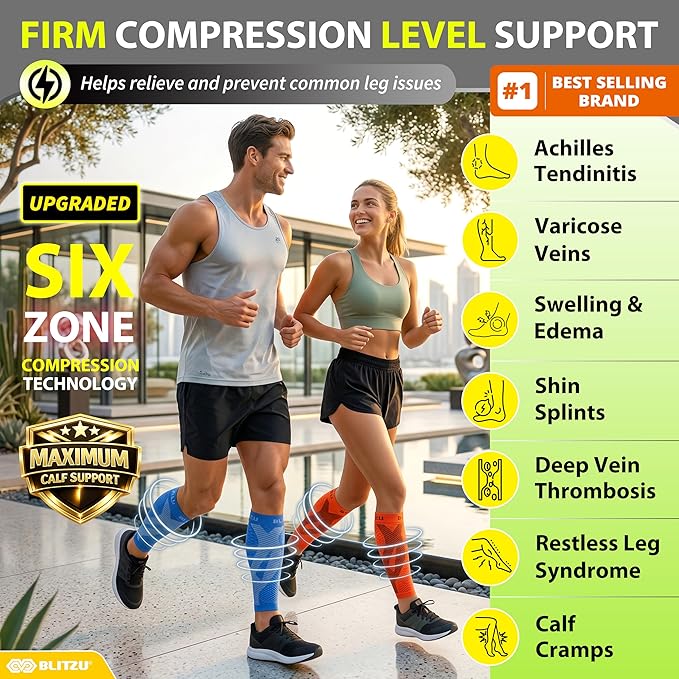 BLITZU Calf Compression Sleeves, Footless Compression Socks for Men & Women | Leg Support Brace, Shin Splint Pain Relief, Reduce Varicose Vein Swelling, Muscle Recovery, Running, Nursing, Fitness, Travel
