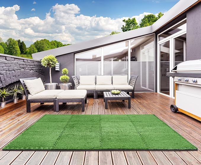 Sorbus Grass Foam Floor Tiles - 12 Interlocking Mats of 24"X24” Total of 48 Sq Ft for Kids Outdoor Toys, Playroom, Deck, Patio, Basement Home Gym - Artificial Carpet Grass Turf Indoor Outdoor Flooring