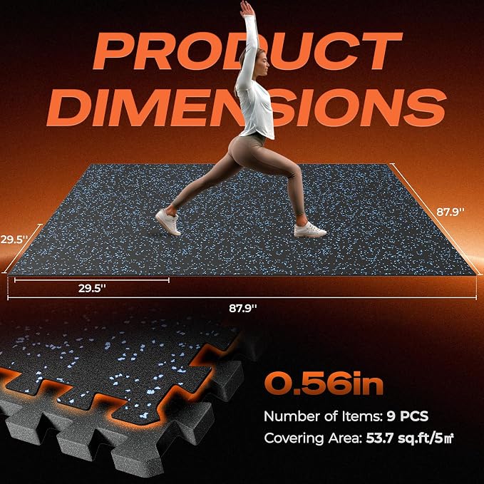 SUPERJARE 30" x 30" Larger Rubber Top Exercise Equipment Mats, 0.56" Thick 9PCS 56.3 Sq Ft High-Density EVA Foam Interlocking Gym Flooring, Big Workout Mat for Home Gym, Floor Protection, Black/Blue