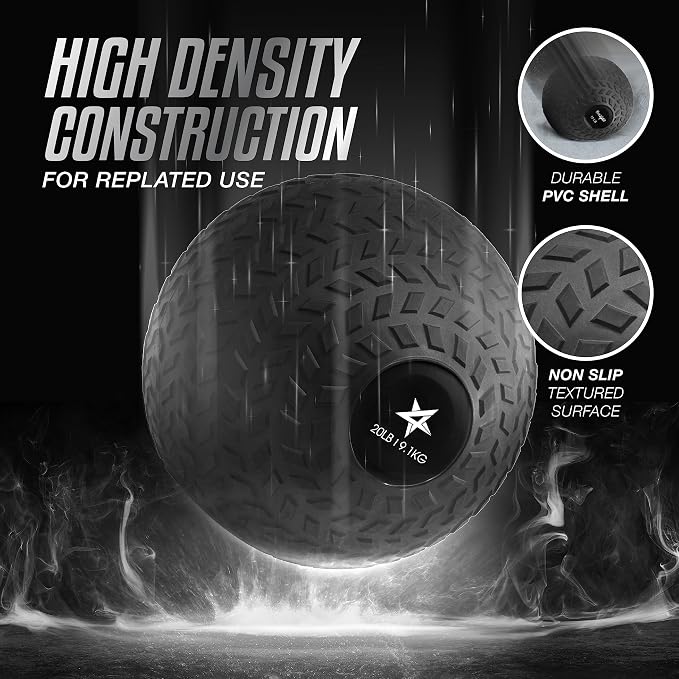 Yes4All Slam Balls, 10-40lb Weighted Ball Weight, Durable PVC Sand Filled Workout Dynamic Slam Ball for Strength Training, Tread, Black, 20lbs