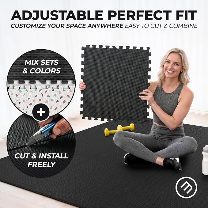 bemaxx Gym Mats Set - 12 pcs EVA Interlocking Foam Floor Tiles (24.4"x24.4"x0.4") 48 sqft Protective Gym Flooring Sports Home Workout Exercise Mats Puzzle Garage Fitness Play-Room Pool Treadmill Bike