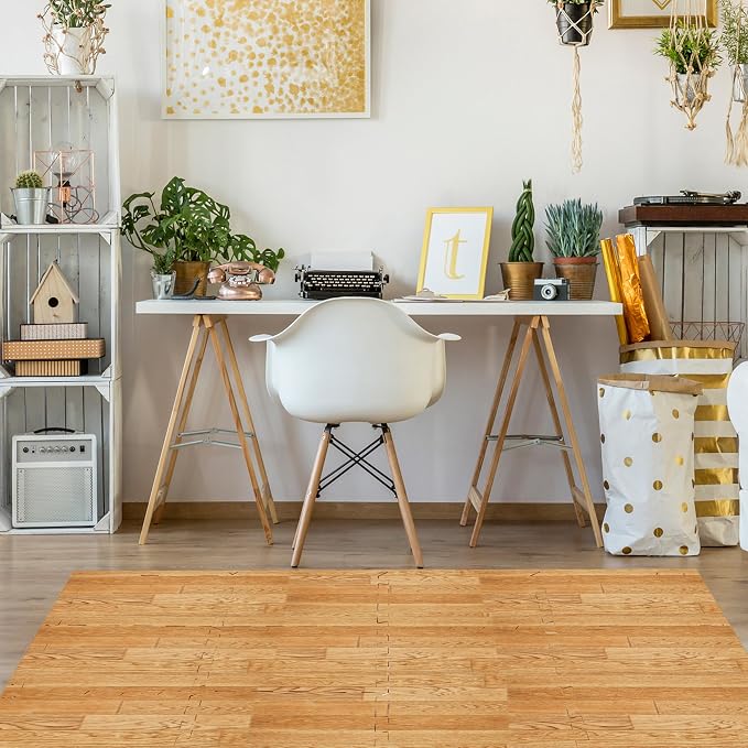 Sorbus Wood Grain Floor Mats Foam Interlocking Mats Each Tile 1 Square Foot 3/8-Inch Thick Flooring Wood Mat Tiles - Home Office Playroom Basement Trade Show (16 Tiles,16 Sq ft, Wood Grain - Pine)