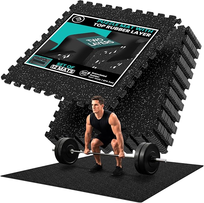 bemaxx Gym Mats Set - 12 pcs EVA Interlocking Foam Floor Tiles (24.4"x24.4"x0.4") 48 sqft Protective Gym Flooring Sports Home Workout Exercise Mats Puzzle Garage Fitness Play-Room Pool Treadmill Bike