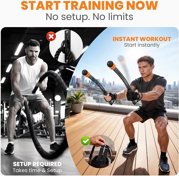 Ropeless Battle Ropes with Adjustable Weight, 2 Pack, Black | Adjustable weighted ropeless battle ropes with removable resistance rings for full-body HIIT workouts.