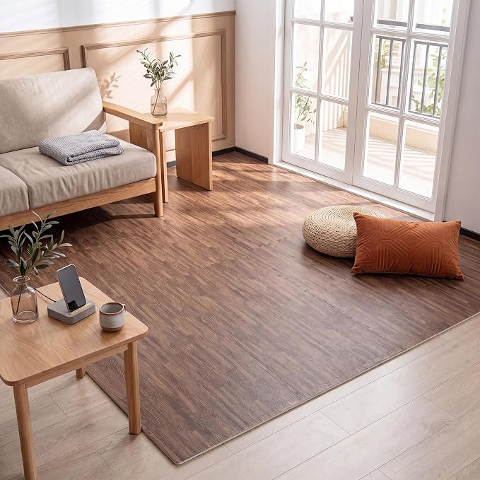 Giantex 25 Pcs Faux Wood Grain EVA Foam Tiles, 24"x24" Interlocking Floor | 100 Sq. Ft Puzzle Exercise Mats with 50 Borders, 0.4" Thick Waterproof Anti-Slip Flooring for Home Gym, Basement, Dark Walnut